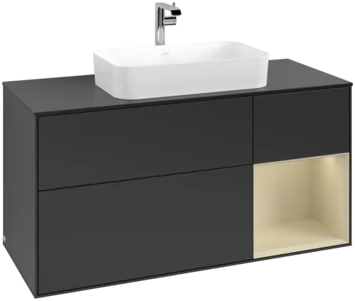 VILLEROY BOCH Toaletní skříňka Finion, s osvětlením, 3 výsuvy, 1200 x 603 x 501 mm, černý matný lak / hedvábně šedý matný lak / černé matné sklo #F302HJPD