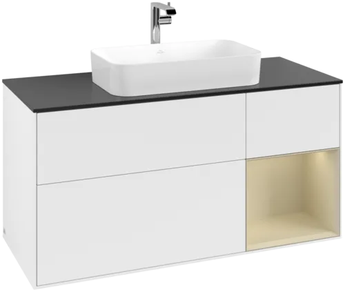 VILLEROY BOCH Toaletní skříňka Finion, s osvětlením, 3 výsuvy, 1200 x 603 x 501 mm, bílý matný lak / hedvábně šedý matný lak / černé matné sklo #F302HJMT