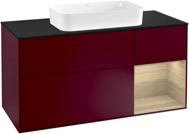 VILLEROY BOCH Toaletní skříňka Finion, s osvětlením, 3 výsuvy, 1200 x 603 x 501 mm, matný lak Peony / dubová dýha / černé matné sklo #F302PCHB