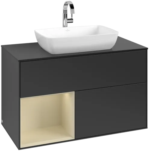 VILLEROY BOCH Toaletní skříňka Finion, s osvětlením, 2 výsuvy, 1000 x 603 x 501 mm, černý matný lak / hedvábně šedý matný lak / černé matné sklo #F772HJPD