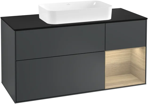 VILLEROY BOCH Toaletní skříňka Finion, s osvětlením, 3 výsuvy, 1200 x 603 x 501 mm, Midnight Blue Matt Lacquer / Oak Veneer / Glass Black Matt #F302PCHG