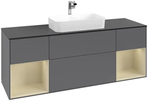 VILLEROY BOCH Toaletní skříňka Finion, s osvětlením, 4 výsuvy, 1600 x 603 x 501 mm, antracitový matný lak / hedvábně šedý matný lak / černé matné sklo #F332HJGK