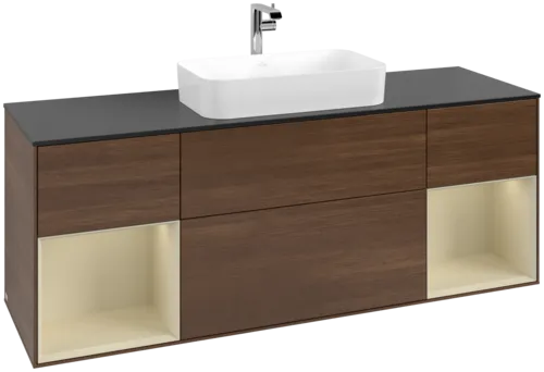 VILLEROY BOCH Toaletní skříňka Finion, s osvětlením, 4 výsuvy, 1600 x 603 x 501 mm, ořechová dýha / hedvábně šedý matný lak / sklo černé matné #F332HJGN
