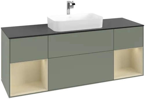 VILLEROY BOCH Toaletní skříňka Finion, s osvětlením, 4 výsuvy, 1600 x 603 x 501 mm, olivový matný lak / hedvábně šedý matný lak / černé matné sklo #F332HJGM