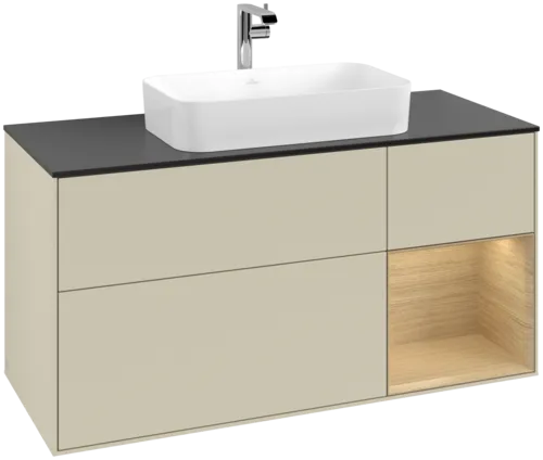 VILLEROY BOCH Toaletní skříňka Finion, s osvětlením, 3 výsuvy, 1200 x 603 x 501 mm, hedvábně šedý matný lak / dubová dýha / černé matné sklo #F302PCHJ