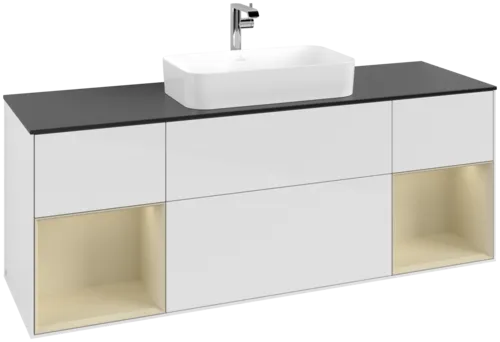 VILLEROY BOCH Toaletní skříňka Finion, s osvětlením, 4 výsuvy, 1600 x 603 x 501 mm, lesklý bílý lak / hedvábně šedý matný lak / černé matné sklo #F332HJGF