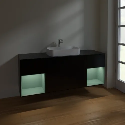 VILLEROY BOCH Toaletní skříňka Finion, s osvětlením, 4 výsuvy, 1600 x 603 x 501 mm, černý matný lak / olivový matný lak / černé matné sklo #F332GMPD, obrázek 5