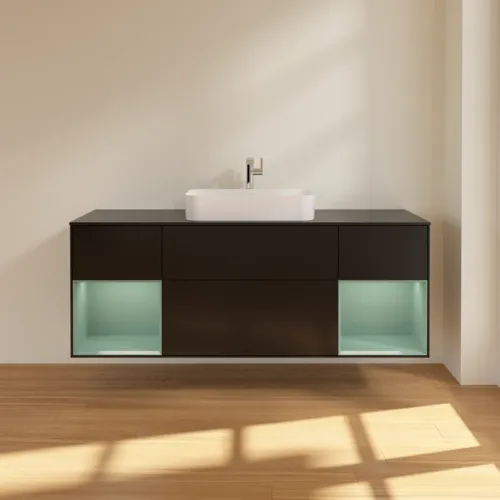 VILLEROY BOCH Toaletní skříňka Finion, s osvětlením, 4 výsuvy, 1600 x 603 x 501 mm, černý matný lak / olivový matný lak / černé matné sklo #F332GMPD, obrázek 3