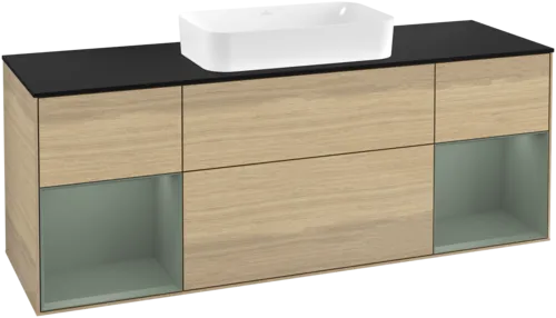 VILLEROY BOCH Toaletní skříňka Finion, s osvětlením, 4 výsuvy, 1600 x 603 x 501 mm, dubová dýha / olivově matný lak / sklo černé matné #F332GMPC