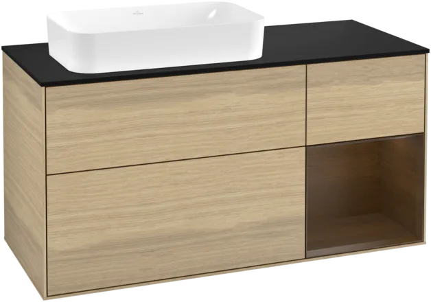 VILLEROY BOCH Toaletní stolek Finion, s osvětlením, 3 výsuvy, 1200 x 603 x 501 mm, dubová dýha / ořechová dýha / sklo černé matné #F282GNPC