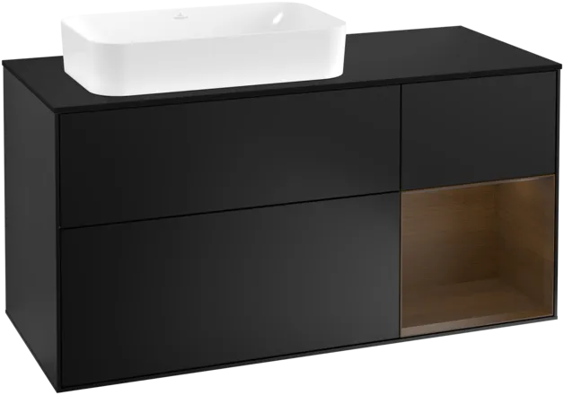VILLEROY BOCH Toaletní skříňka Finion, s osvětlením, 3 výsuvy, 1200 x 603 x 501 mm, černý matný lak / ořechová dýha / černé matné sklo #F282GNPD