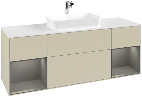 VILLEROY BOCH Toaletní skříňka Finion, s osvětlením, 4 výsuvy, 1600 x 603 x 501 mm, hedvábně šedý matný lak / antracitový matný lak / bílé matné sklo #F331GKHJ