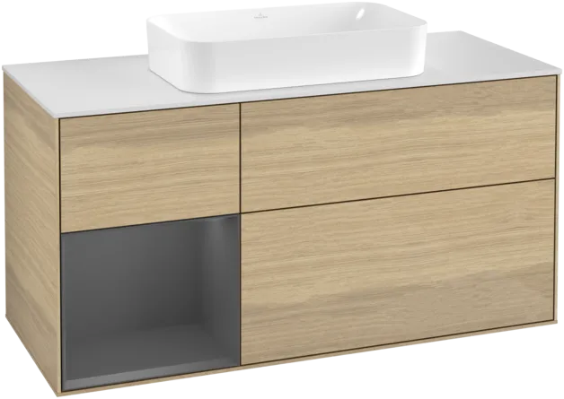 VILLEROY BOCH Toaletní skříňka Finion, s osvětlením, 3 výsuvy, 1200 x 603 x 501 mm, dubová dýha / antracitový matný lak / bílé matné sklo #F291GKPC