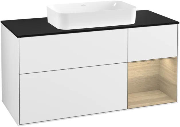 VILLEROY BOCH Toaletní skříňka Finion, s osvětlením, 3 výsuvy, 1200 x 603 x 501 mm, lesklý bílý lak / dubová dýha / černé matné sklo #F302PCGF