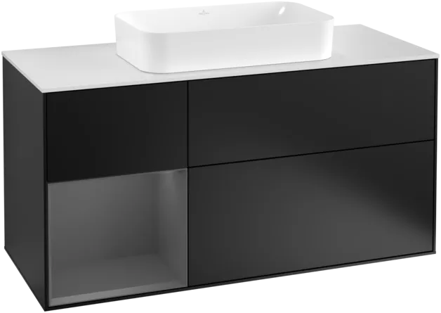 VILLEROY BOCH Toaletní skříňka Finion, s osvětlením, 3 výsuvy, 1200 x 603 x 501 mm, černý matný lak / antracitový matný lak / bílé matné sklo #F291GKPD