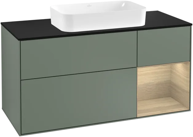 VILLEROY BOCH Toaletní skříňka Finion, s osvětlením, 3 výsuvy, 1200 x 603 x 501 mm, olivový matný lak / dubová dýha / sklo černé matné #F302PCGM