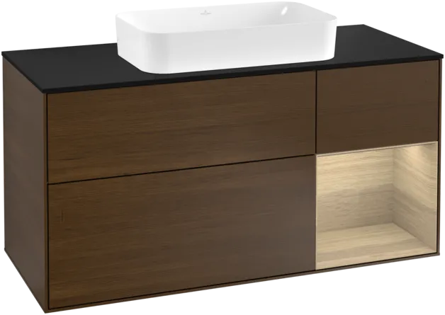 VILLEROY BOCH Toaletní skříňka Finion, s osvětlením, 3 výsuvy, 1200 x 603 x 501 mm, ořechová dýha / dubová dýha / sklo černé matné #F302PCGN