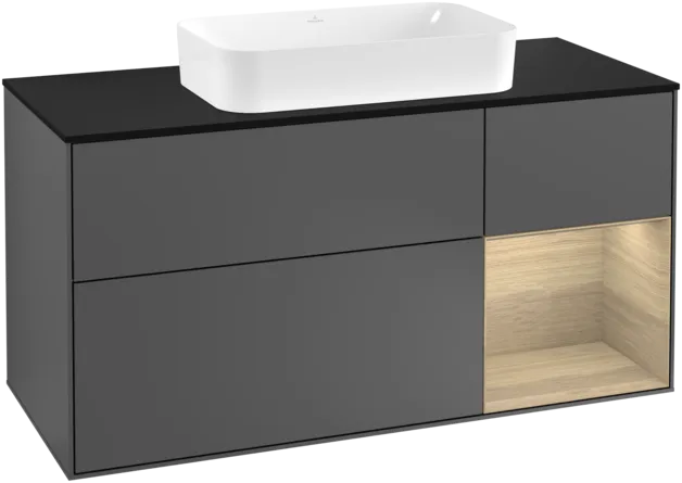 VILLEROY BOCH Toaletní skříňka Finion, s osvětlením, 3 výsuvy, 1200 x 603 x 501 mm, antracitový matný lak / dubová dýha / černé matné sklo #F302PCGK