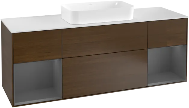 VILLEROY BOCH Toaletní skříňka Finion, s osvětlením, 4 výsuvy, 1600 x 603 x 501 mm, ořechová dýha / antracitový matný lak / bílé matné sklo #F331GKGN
