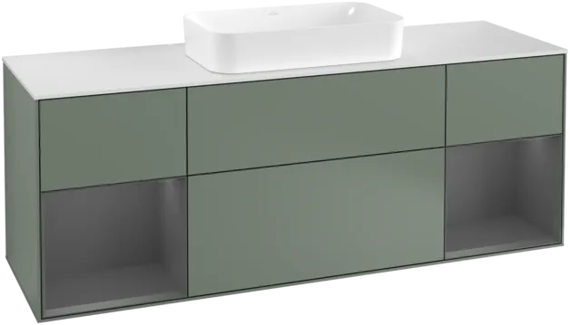 VILLEROY BOCH Toaletní skříňka Finion, s osvětlením, 4 výsuvy, 1600 x 603 x 501 mm, olivový matný lak / antracitový matný lak / bílé matné sklo #F331GKGM