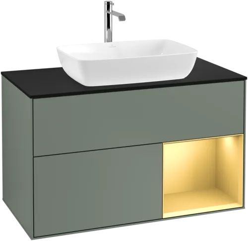 VILLEROY BOCH Toaletní skříňka Finion, s osvětlením, 2 výsuvy, 1000 x 603 x 501 mm, olivový matný lak / zlatý matný lak / černé matné sklo #F782HFGM