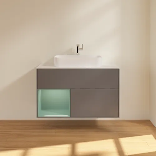 VILLEROY BOCH Toaletní skříňka Finion, s osvětlením, 2 výsuvy, 1000 x 603 x 501 mm, antracitový matný lak / olivový matný lak / bílé matné sklo #F361GMGK, obrázek 3
