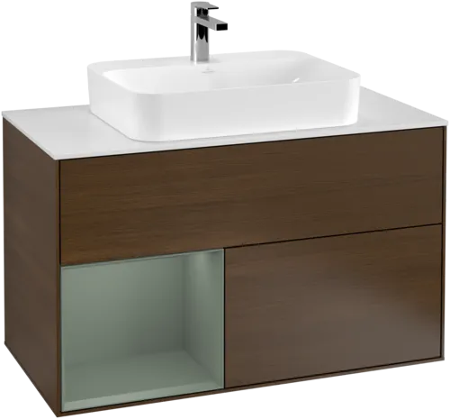 VILLEROY BOCH Toaletní stolek Finion, s osvětlením, 2 výsuvy, 1000 x 603 x 501 mm, ořechová dýha / olivový matný lak / sklo bílé matné #F361GMGN