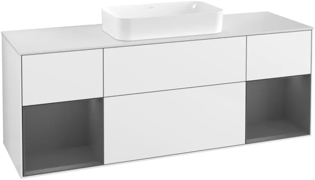 VILLEROY BOCH Toaletní skříňka Finion, s osvětlením, 4 výsuvy, 1600 x 603 x 501 mm, lesklý bílý lak / antracitový matný lak / bílé matné sklo #F331GKGF