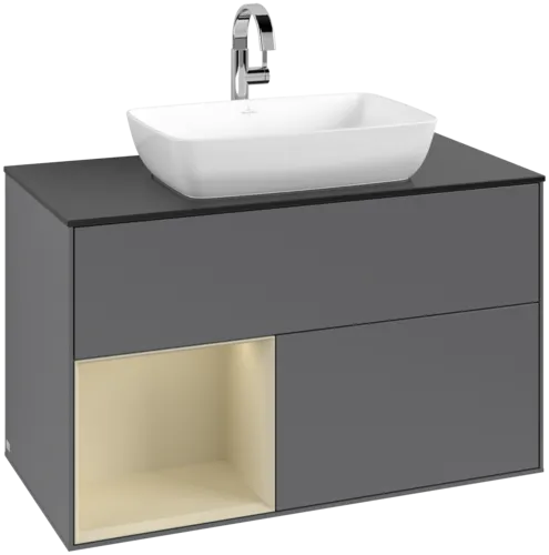 VILLEROY BOCH Toaletní skříňka Finion, s osvětlením, 2 výsuvy, 1000 x 603 x 501 mm, antracitový matný lak / hedvábně šedý matný lak / černé matné sklo #F772HJGK