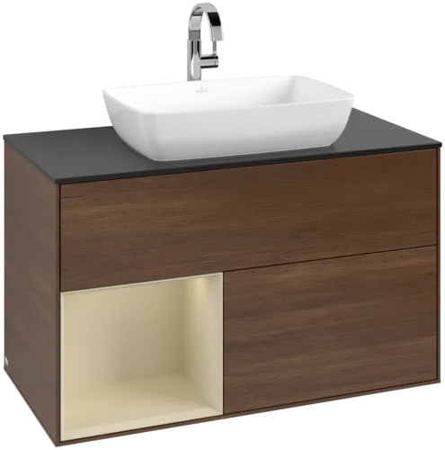 VILLEROY BOCH Toaletní stolek Finion, s osvětlením, 2 výsuvy, 1000 x 603 x 501 mm, ořechová dýha / hedvábně šedý matný lak / sklo černé matné #F772HJGN