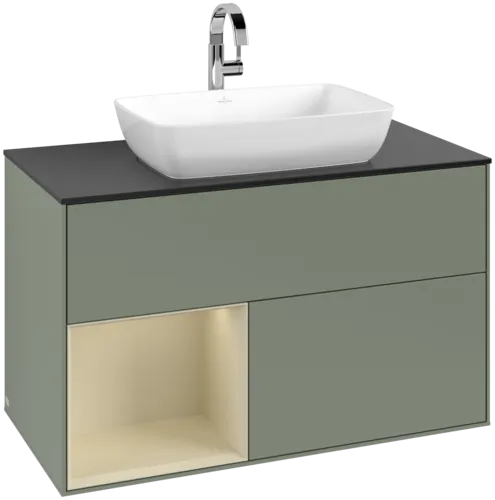 VILLEROY BOCH Toaletní skříňka Finion, s osvětlením, 2 výsuvy, 1000 x 603 x 501 mm, olivový matný lak / hedvábně šedý matný lak / černé matné sklo #F772HJGM