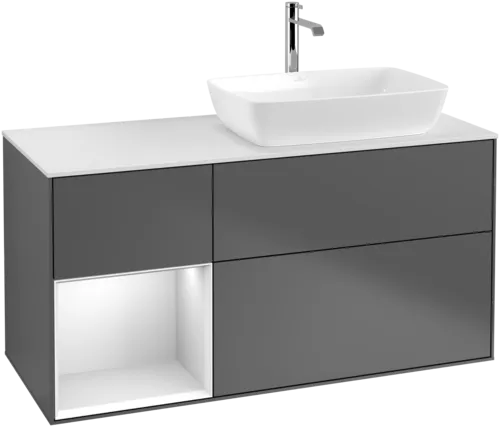 VILLEROY BOCH Toaletní skříňka Finion, s osvětlením, 3 výsuvy, 1200 x 603 x 501 mm, antracitový matný lak / bílý matný lak / bílé matné sklo #F801MTGK