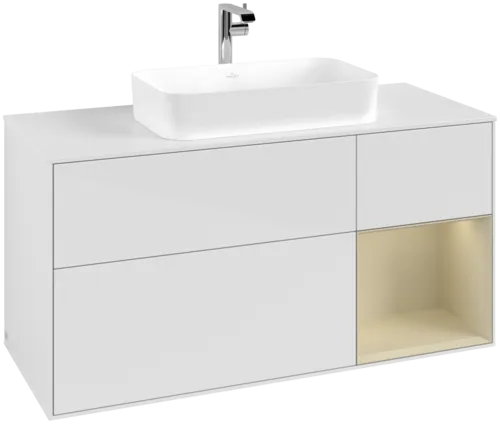 VILLEROY BOCH Toaletní skříňka Finion, s osvětlením, 3 výsuvy, 1200 x 603 x 501 mm, lesklý bílý lak / hedvábně šedý matný lak / bílé matné sklo #F301HJGF
