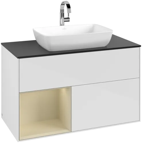 VILLEROY BOCH Toaletní skříňka Finion, s osvětlením, 2 výsuvy, 1000 x 603 x 501 mm, lesklý bílý lak / hedvábně šedý matný lak / černé matné sklo #F772HJGF