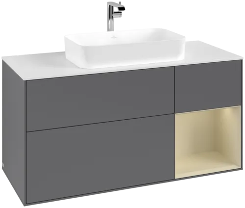 VILLEROY BOCH Toaletní skříňka Finion, s osvětlením, 3 výsuvy, 1200 x 603 x 501 mm, antracitový matný lak / hedvábně šedý matný lak / bílé matné sklo #F301HJGK