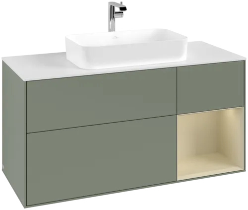 VILLEROY BOCH Toaletní skříňka Finion, s osvětlením, 3 výsuvy, 1200 x 603 x 501 mm, olivový matný lak / hedvábně šedý matný lak / bílé matné sklo #F301HJGM