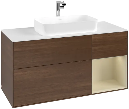 VILLEROY BOCH Toaletní skříňka Finion, s osvětlením, 3 výsuvy, 1200 x 603 x 501 mm, ořechová dýha / hedvábně šedý matný lak / sklo bílé matné #F301HJGN