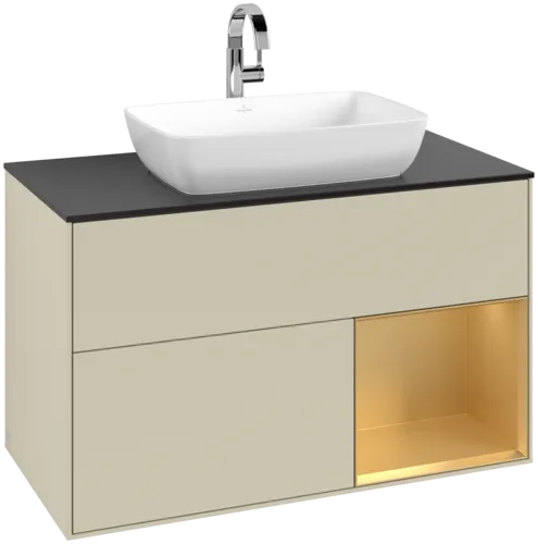 VILLEROY BOCH Toaletní skříňka Finion, s osvětlením, 2 výsuvy, 1000 x 603 x 501 mm, Silk Grey Matt Lacquer / Gold Matt Lacquer / Glass Black Matt #F782HFHJ