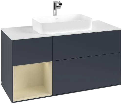 VILLEROY BOCH Toaletní skříňka Finion, s osvětlením, 3 výsuvy, 1200 x 603 x 501 mm, Midnight Blue Matt Lacquer / Silk Grey Matt Lacquer / Glass White Matt #F291HJHG