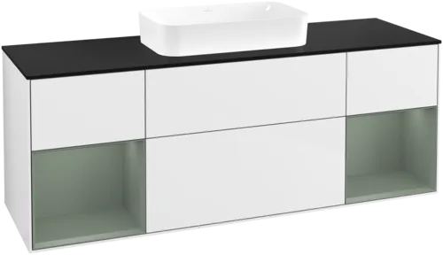 VILLEROY BOCH Toaletní skříňka Finion, s osvětlením, 4 výsuvy, 1600 x 603 x 501 mm, lesklý bílý lak / olivově matný lak / černé matné sklo #F742GMGF