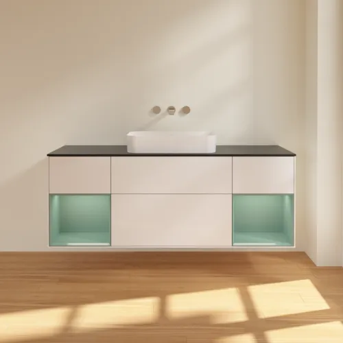 VILLEROY BOCH Toaletní skříňka Finion, s osvětlením, 4 výsuvy, 1600 x 603 x 501 mm, lesklý bílý lak / olivově matný lak / černé matné sklo #F742GMGF, obrázek 3