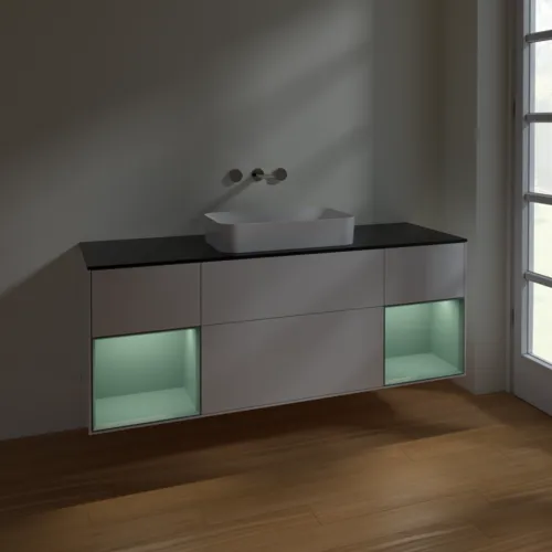 VILLEROY BOCH Toaletní skříňka Finion, s osvětlením, 4 výsuvy, 1600 x 603 x 501 mm, lesklý bílý lak / olivově matný lak / černé matné sklo #F742GMGF, obrázek 5