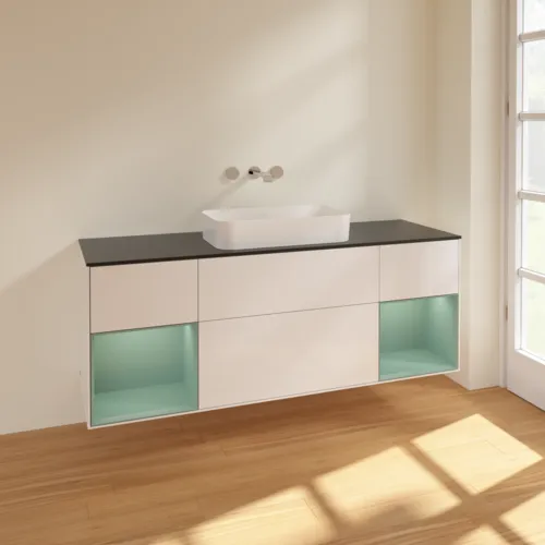 VILLEROY BOCH Toaletní skříňka Finion, s osvětlením, 4 výsuvy, 1600 x 603 x 501 mm, lesklý bílý lak / olivově matný lak / černé matné sklo #F742GMGF, obrázek 2