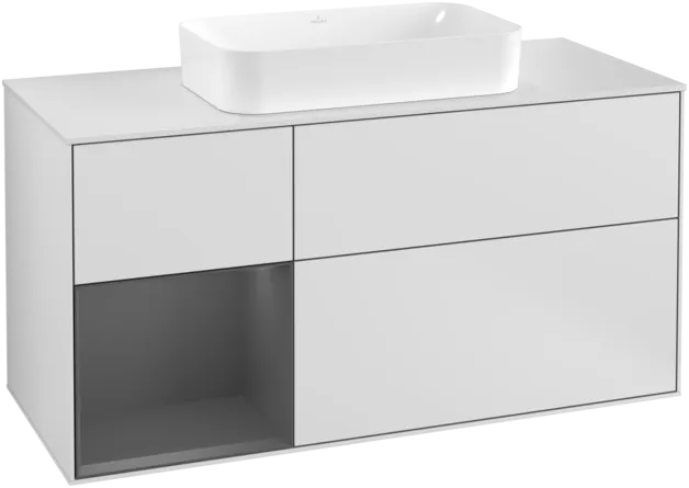 VILLEROY BOCH Toaletní skříňka Finion, s osvětlením, 3 výsuvy, 1200 x 603 x 501 mm, bílý matný lak / antracitový matný lak / bílé matné sklo #F291GKMT