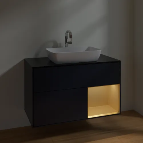 VILLEROY BOCH Toaletní skříňka Finion, s osvětlením, 2 výsuvy, 1000 x 603 x 501 mm, Midnight Blue Matt Lacquer / Gold Matt Lacquer / Glass Black Matt #F782HFHG, obrázek 5