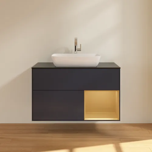 VILLEROY BOCH Toaletní skříňka Finion, s osvětlením, 2 výsuvy, 1000 x 603 x 501 mm, Midnight Blue Matt Lacquer / Gold Matt Lacquer / Glass Black Matt #F782HFHG, obrázek 3