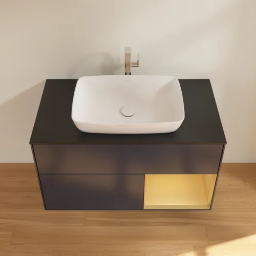 VILLEROY BOCH Toaletní skříňka Finion, s osvětlením, 2 výsuvy, 1000 x 603 x 501 mm, Midnight Blue Matt Lacquer / Gold Matt Lacquer / Glass Black Matt #F782HFHG, obrázek 4
