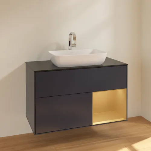 VILLEROY BOCH Toaletní skříňka Finion, s osvětlením, 2 výsuvy, 1000 x 603 x 501 mm, Midnight Blue Matt Lacquer / Gold Matt Lacquer / Glass Black Matt #F782HFHG, obrázek 2