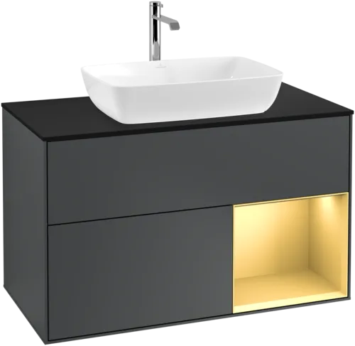 VILLEROY BOCH Toaletní skříňka Finion, s osvětlením, 2 výsuvy, 1000 x 603 x 501 mm, Midnight Blue Matt Lacquer / Gold Matt Lacquer / Glass Black Matt #F782HFHG