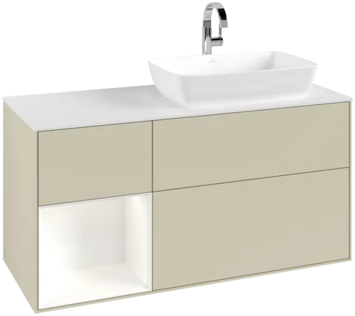 VILLEROY BOCH Toaletní skříňka Finion, s osvětlením, 3 výsuvy, 1200 x 603 x 501 mm, Silk Grey Matt Lacquer / White Matt Lacquer / Glass White Matt #F801MTHJ